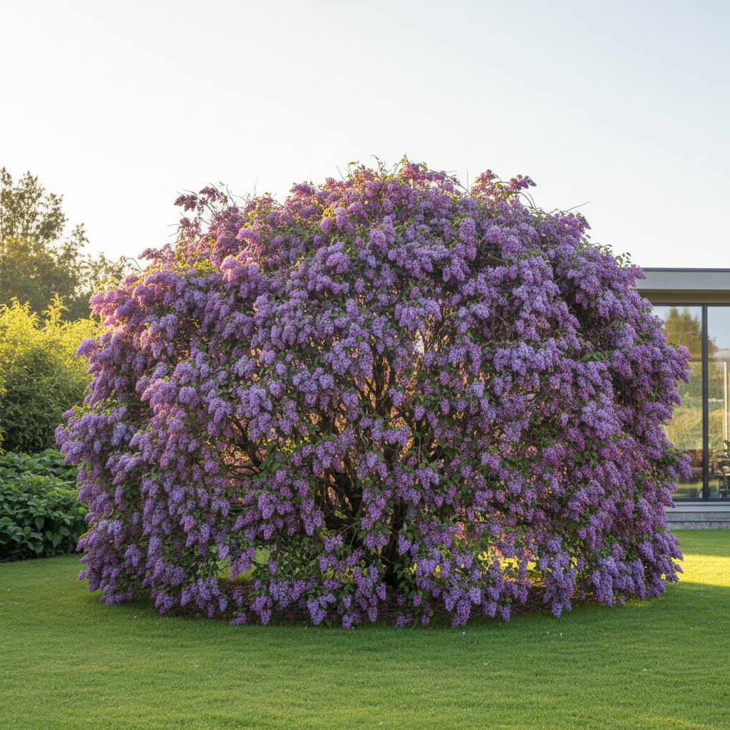 Piękny, dojrzały krzew lilaka zwisającego (Syringa reflexa) w pełnym rozkwicie, z kaskadami purpurowo-fioletowych kwiatostanów, rosnący jako soliter na zadbanym trawniku w słoneczny dzień. W tle widać fragment nowoczesnego domu i inne zielone rośliny. Styl fotorealistyczny, ciepłe, poranne światło, które podkreśla piękno rośliny.