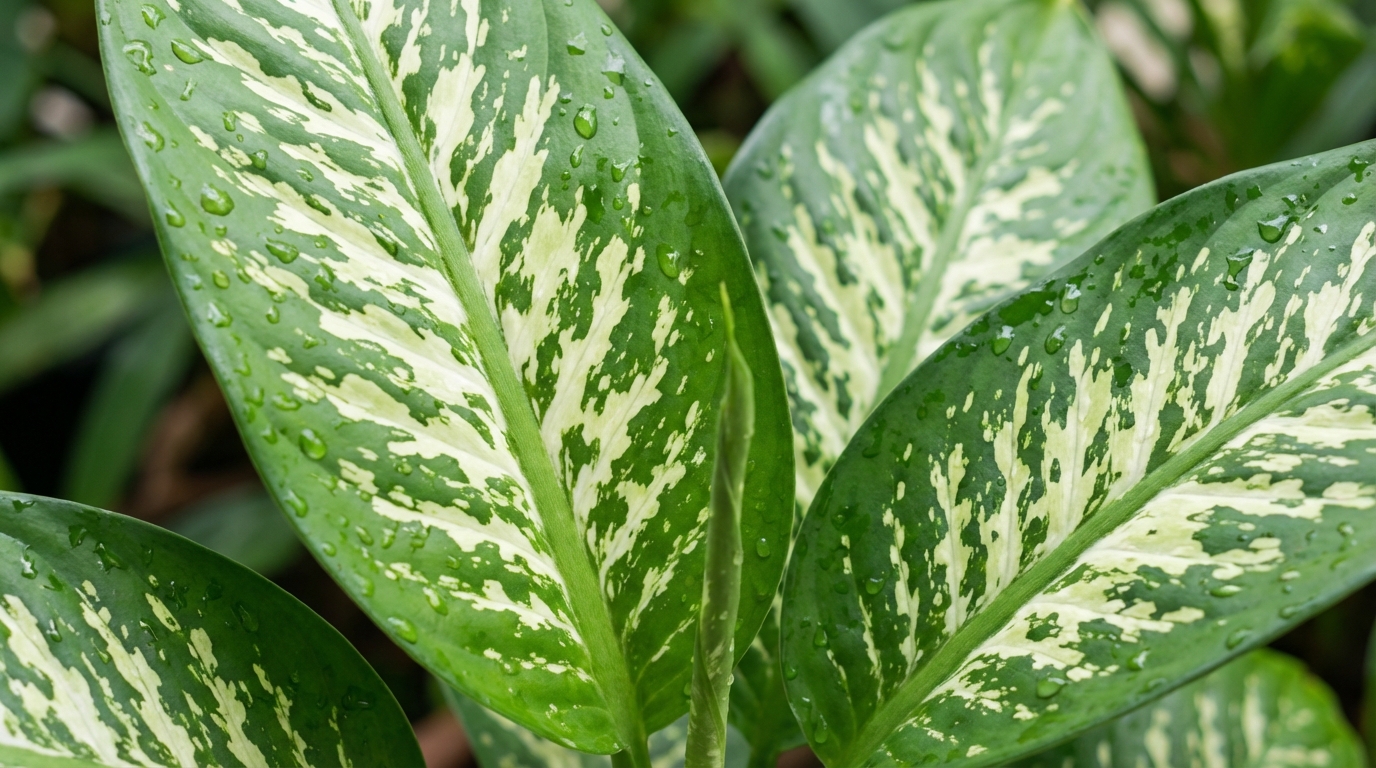 Zbliżenie na duże, soczyście zielone liście difenbachii z wyraźnym, kremowo-białym wzorem. Krople wody delikatnie osiadły na błyszczącej powierzchni liści, podkreślając ich świeżość i tropikalny charakter. Tło jest lekko rozmyte, skupiając całą uwagę na detalach i teksturze rośliny.