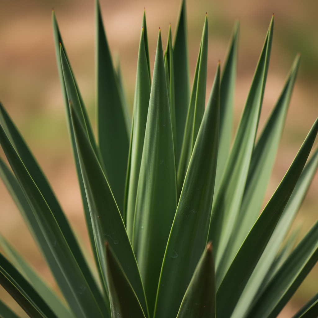 Makro fotografia przedstawiająca rozetę sztywnych, zielonych liści juki. Światło podkreśla ich błyszczącą, woskową fakturę i ostre zakończenia. Delikatne, rozmyte tło.