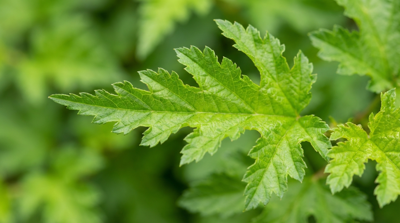 Makro ujęcie pojedynczego liścia Tawulca pogiętego 'Crispa'. Liść jest intensywnie zielony, o bardzo głębokich, ostrych wcięciach i pofalowanym brzegu. Widoczna jest jego delikatna, koronkowa struktura. W tle znajduje się miękko rozmyta zieleń innych liści krzewu.