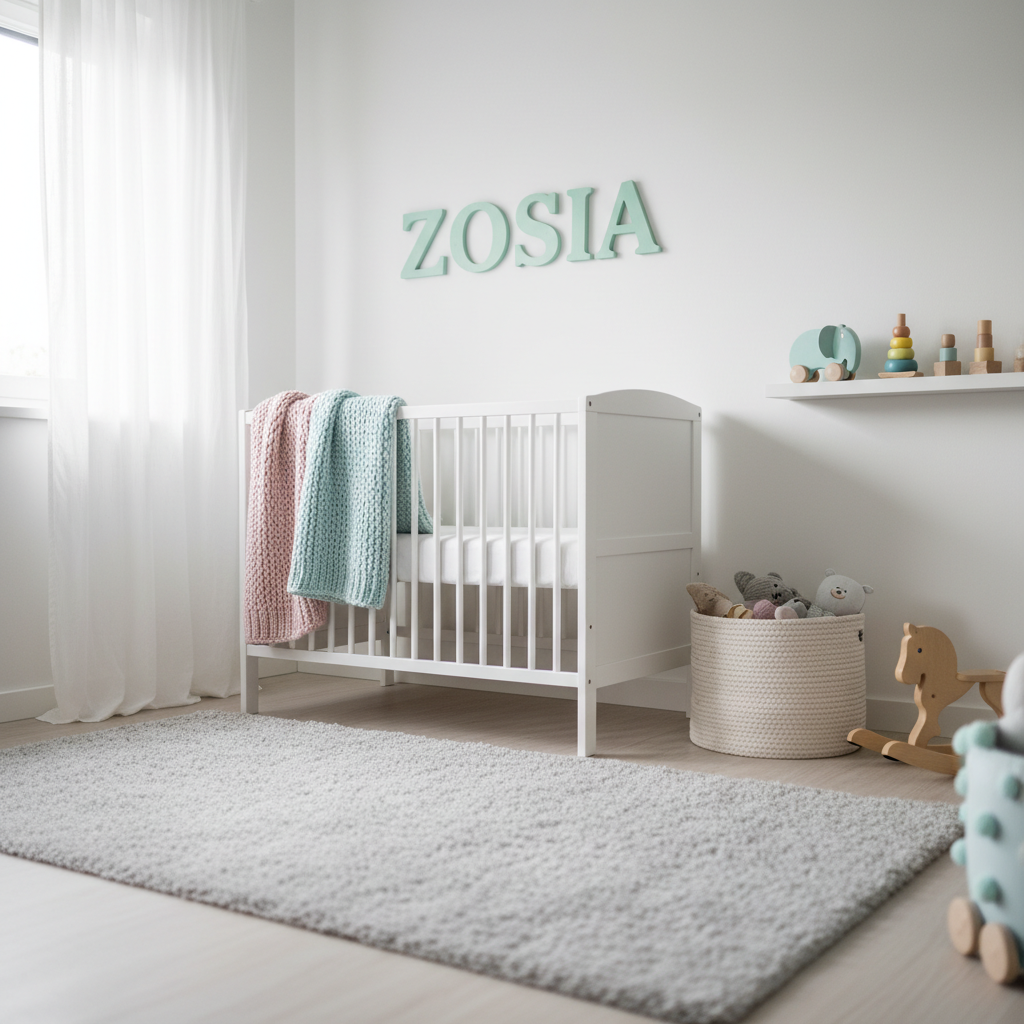 Pastelowy pokój dziecięcy w stylu skandynawskim. Na białej ścianie nad łóżeczkiem widnieje napis 'ZOSIA' wykonany z drewnianych liter MDF w kolorze miętowym. Wnętrze jest jasne, przytulne, z delikatnymi tekstyliami i drewnianymi zabawkami na półce. Zdjęcie w stylu lifestyle, miękkie, naturalne światło.