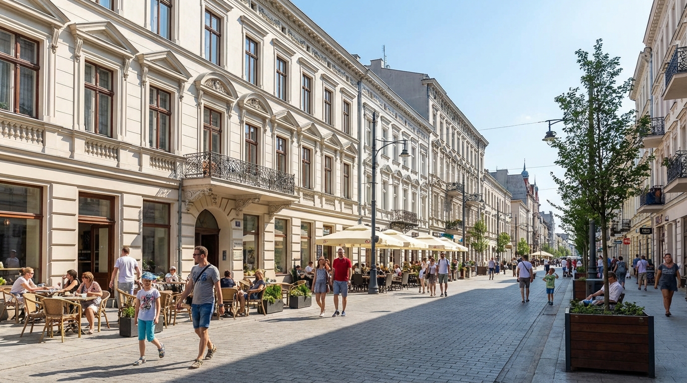 Elegancka, zrewitalizowana ulica Piotrkowska w Łodzi w słoneczny dzień. Widać odnowione kamienice z kawiarnianymi ogródkami, co pokazuje pozytywny, nowoczesny wizerunek miasta, kontrastujący z problemami demograficznymi.