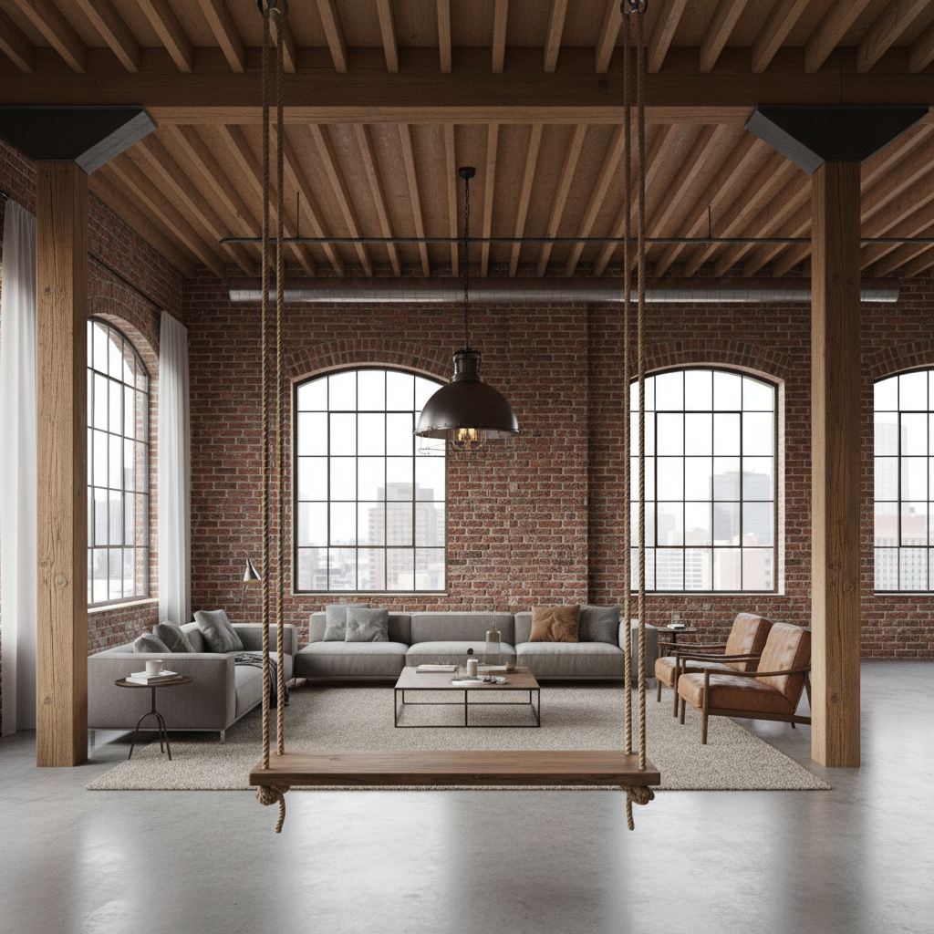 Przestronny salon w lofcie z wysokim sufitem i widocznymi belkami stropowymi. W centralnej części pomieszczenia, zawieszona na grubych linach, znajduje się drewniana huśtawka. W tle widoczna jest ściana z czerwonej cegły i duża, industrialna lampa.