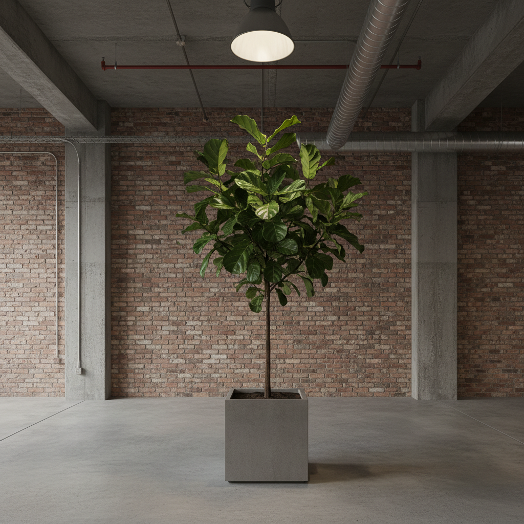 Przestronne wnętrze w stylu industrialnym z wysokim sufitem, widocznymi ceglanymi ścianami i metalowymi rurami wentylacyjnymi. Na surowej, betonowej posadzce stoi duża, sześcienna donica z betonu architektonicznego, w której rośnie majestatyczny fikus lirolistny. Całość oświetlona jest chłodnym światłem z dużej, fabrycznej lampy.