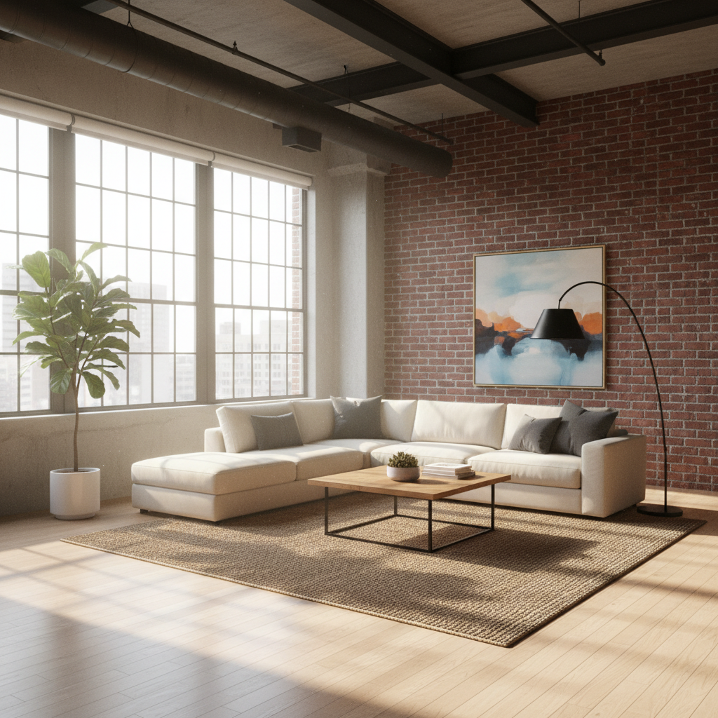 Jasny, przestronny salon w stylu loft z wysokimi oknami, widoczną czerwoną cegłą na jednej ze ścian i nowoczesnymi meblami. Słońce wpada przez okna, oświetlając drewnianą podłogę i minimalistyczną sofę.