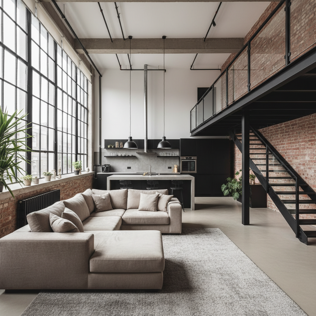 loftowe_wnetrze_glowne - Panoramiczne ujęcie przestronnego salonu w stylu loftowym z otwartą kuchnią i antresolą. Wnętrze jest skąpane w naturalnym świetle wpadającym przez ogromne, fabryczne okna. Na pierwszym planie widać dużą, wygodną kanapę w neutralnym kolorze, a w tle nowoczesną kuchnię z wyspą oraz metalowe schody prowadzące na antresolę. Na ścianie widać fragment surowej, czerwonej cegły. Całość jest harmonijna, elegancka i pełna charakteru.