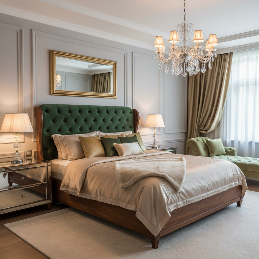 Eleganckie łóżko z imponującym, wysokim, tapicerowanym wezgłowiem z aksamitu w kolorze butelkowej zieleni. Rama łóżka wykonana jest z ciemnego, polerowanego drewna orzechowego. Na łóżku leży jedwabna pościel, a cała sypialnia urządzona jest w stylu glamour.