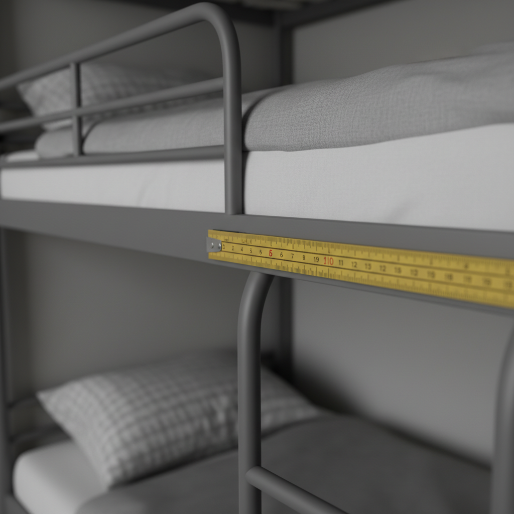 Stonowane, minimalistyczne zdjęcie przedstawiające zbliżenie na fragment łóżka piętrowego. Widoczna jest miarka stolarska przyłożona do przestrzeni między dolnym a górnym stelażem, symbolizująca proces mierzenia i planowania. Światło jest miękkie i skupione na tym detalu. Kompozycja ma charakter edukacyjny, ale jednocześnie estetyczny.