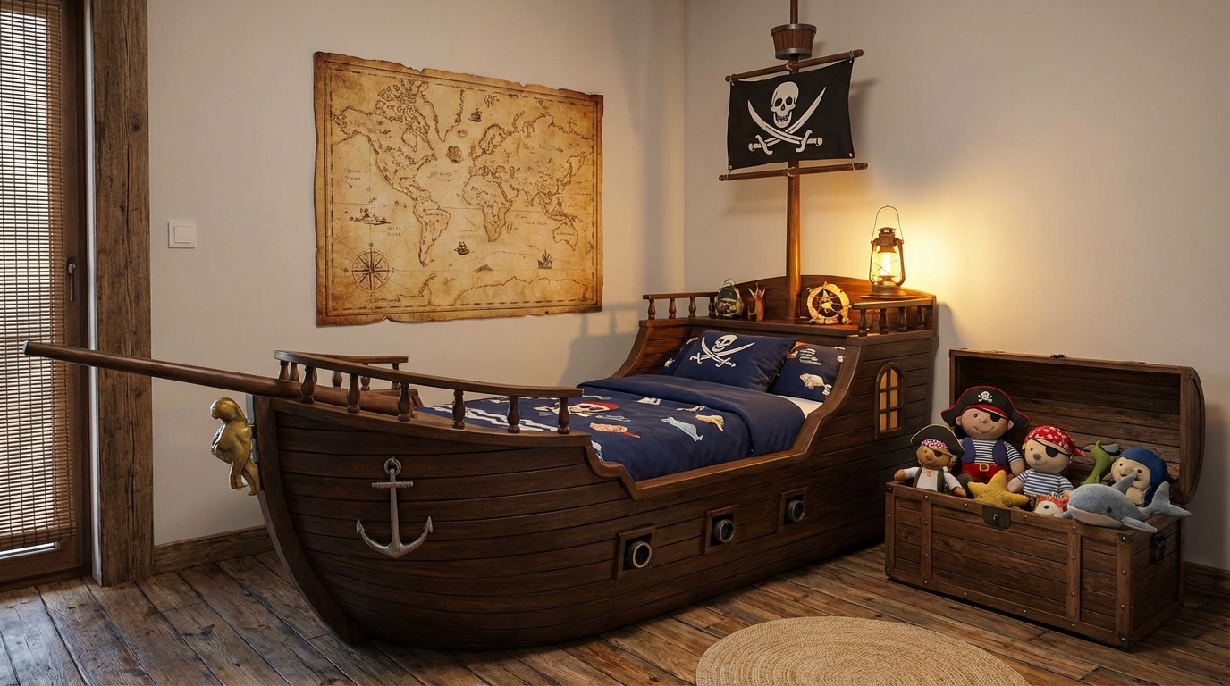Kącik sypialniany w pokoju chłopca, gdzie główną rolę gra fantazyjne łóżko w kształcie statku pirackiego, wykonane z ciemnego drewna. Na maszcie powiewa flaga z czaszką. Pościel jest w kolorze granatowym, a na ścianie za łóżkiem wisi duża mapa skarbów. Obok stoi drewniana skrzynia pełna pluszowych zabawek.