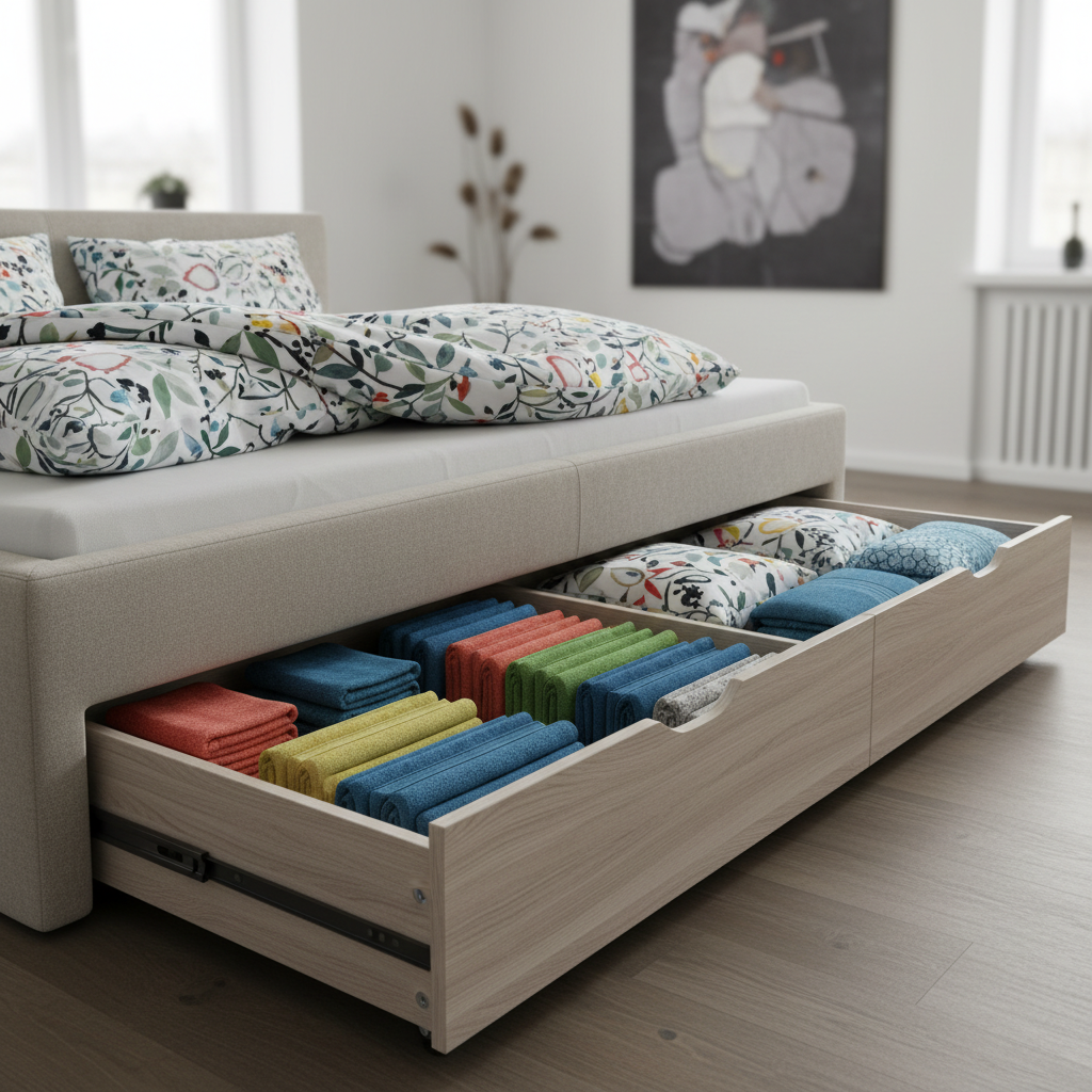 Zbliżenie na otwartą szufladę wysuwaną z podstawy nowoczesnego, tapicerowanego łóżka. W szufladzie widać starannie ułożone, kolorowe ręczniki i komplety pościeli. Szuflada jest głęboka i pojemna. Tło jest lekko rozmyte, skupiając uwagę na funkcjonalności mebla.