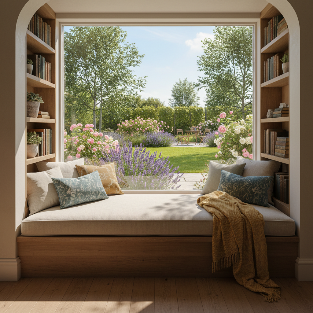 Stylowa wnęka okienna stworzona przez prefabrykowaną lukarnę, przekształcona w przytulne siedzisko z poduszkami i półkami na książki. Widok z okna na ogród w słoneczny dzień.
