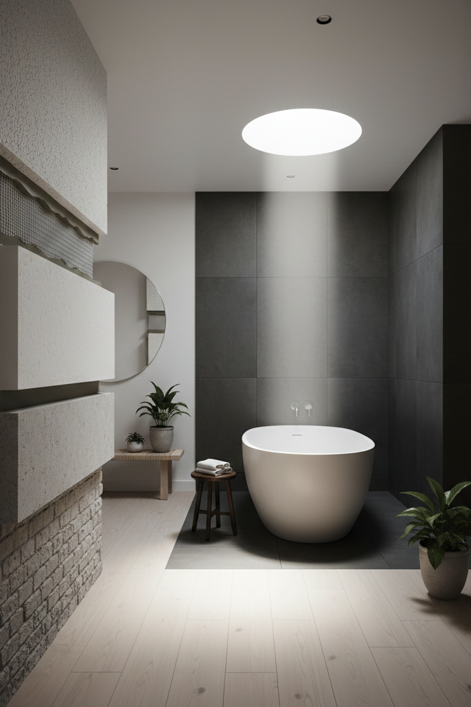 Luksusowa, minimalistyczna łazienka bez okien, z ciemnoszarymi płytkami. Potężny strumień naturalnego światła dziennego wpada z dyskretnego, okrągłego świetlika sufitowego, oświetlając wolnostojącą wannę i tworząc atmosferę domowego spa.