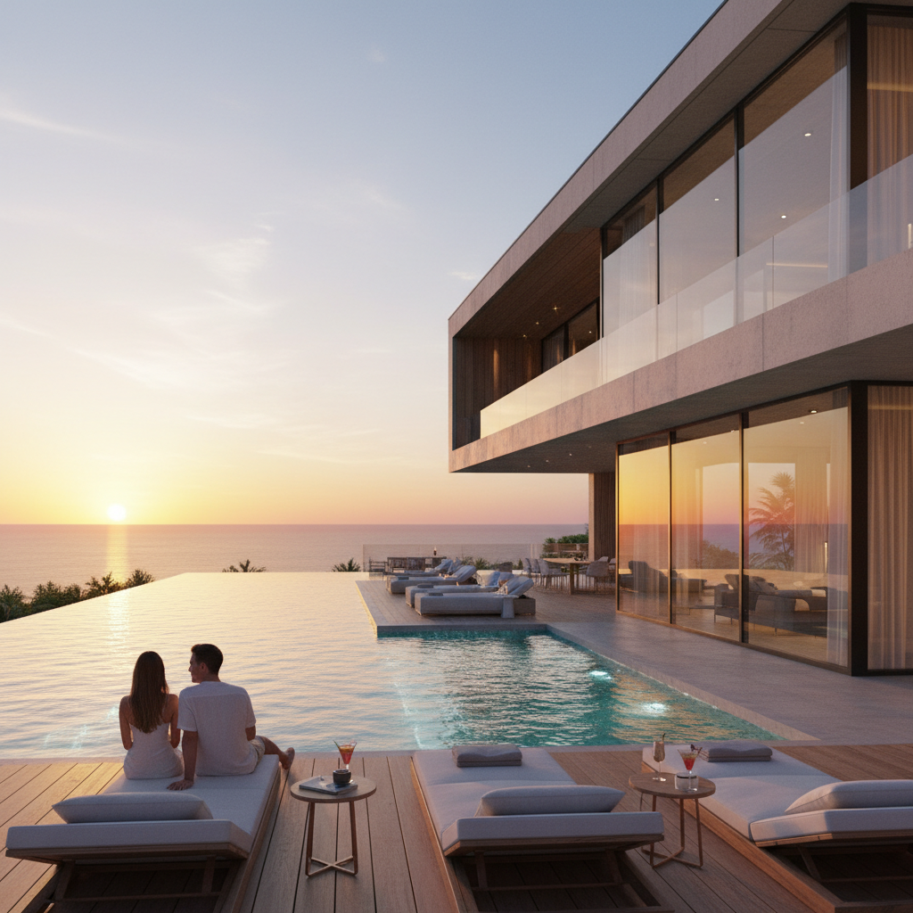 Nowoczesny dom z dużymi przeszkleniami, w tle którego znajduje się piękny, podświetlony basen typu infinity. Wokół basenu elegancki taras z leżakami. Scena o zachodzie słońca, tworząca ciepłą, luksusową i relaksującą atmosferę.