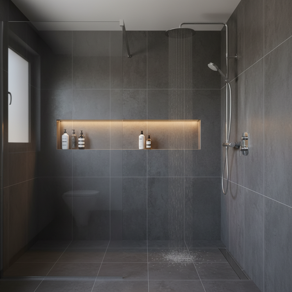 Przestronny prysznic typu walk-in z dużą, sufitową deszczownicą i szklaną ścianą bezramową. Ściany prysznica wyłożone są wielkoformatowymi płytkami imitującymi ciemnoszary beton, a na jednej z nich znajduje się praktyczna, podświetlana wnęka na kosmetyki. Podłoga z antypoślizgowych płytek w tym samym odcieniu tworzy jednolitą powierzchnię.