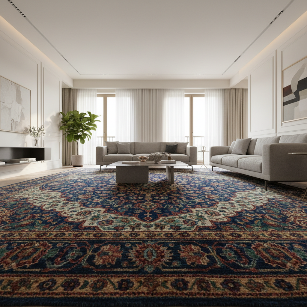 Szerokie ujęcie eleganckiego, jasnego salonu, w którym centralnym punktem jest duży, teksturalny dywan o bogatym wzorze i głębokich kolorach. Na dywanie stoi nowoczesna sofa i stolik kawowy. Światło wpadające przez duże okno subtelnie oświetla włókna dywanu, podkreślając jego jakość i luksusowy charakter.