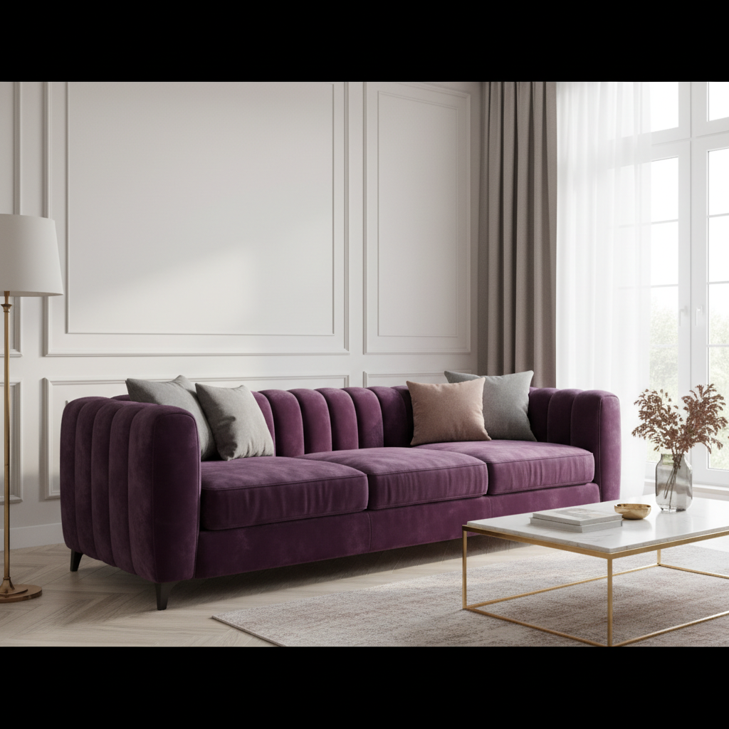 Szerokie ujęcie eleganckiego, nowoczesnego salonu, w którym centralnym punktem jest duża, welurowa sofa w głębokim, królewskim odcieniu fioletu. W tle widać ścianę w odcieniu złamanej bieli z delikatną sztukaterią, duże okno wpuszczające miękkie, naturalne światło oraz złote akcenty w postaci stolika kawowego i podstawy lampy podłogowej. Na sofie leżą poduszki w odcieniach szarości i pudrowego różu. Wnętrze jest luksusowe, ale przytulne.