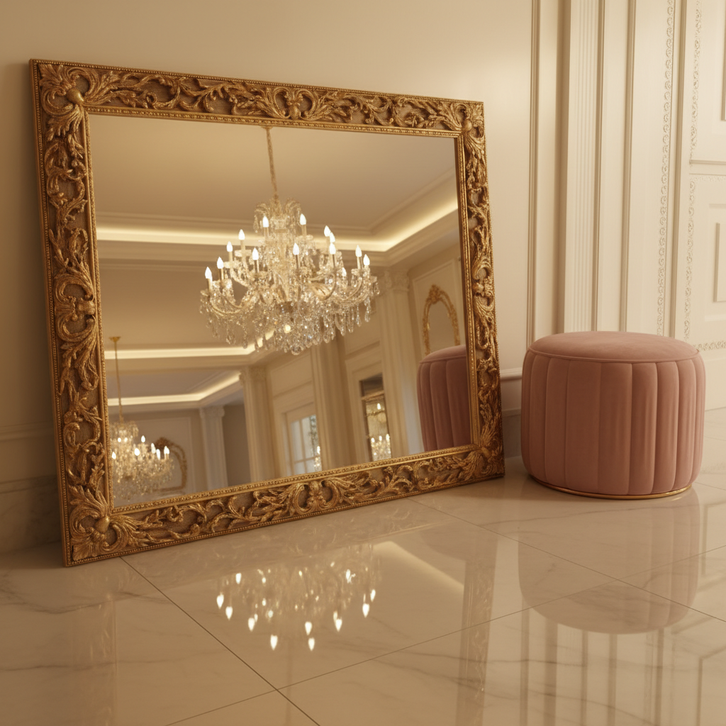 Imponujące, duże, prostokątne lustro w bogato zdobionej, złotej ramie, oparte o ścianę w eleganckim przedpokoju. Lustro odbija fragment luksusowego wnętrza z kryształowym żyrandolem. Obok lustra stoi welurowy puf w kolorze pudrowego różu. Podłoga jest wykonana z jasnego marmuru z delikatnym żyłkowaniem. Światło jest ciepłe i miękkie, tworząc atmosferę luksusu i przepychu.