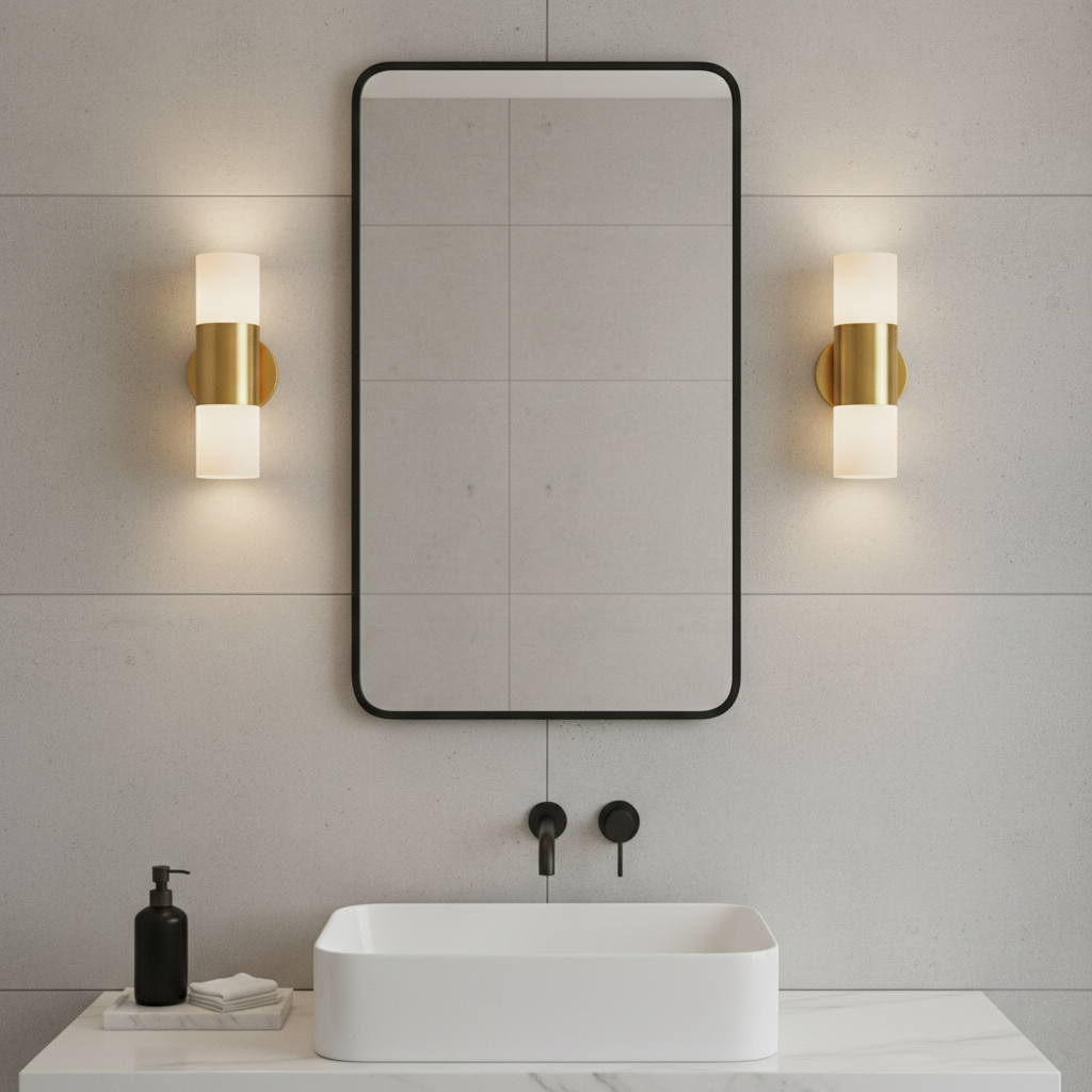 Nowoczesne lustro łazienkowe oświetlone dwoma symetrycznymi, eleganckimi kinkietami po bokach, dające równomierne światło na twarz. W tle widać fragment stylowej umywalki i minimalistycznych dodatków.