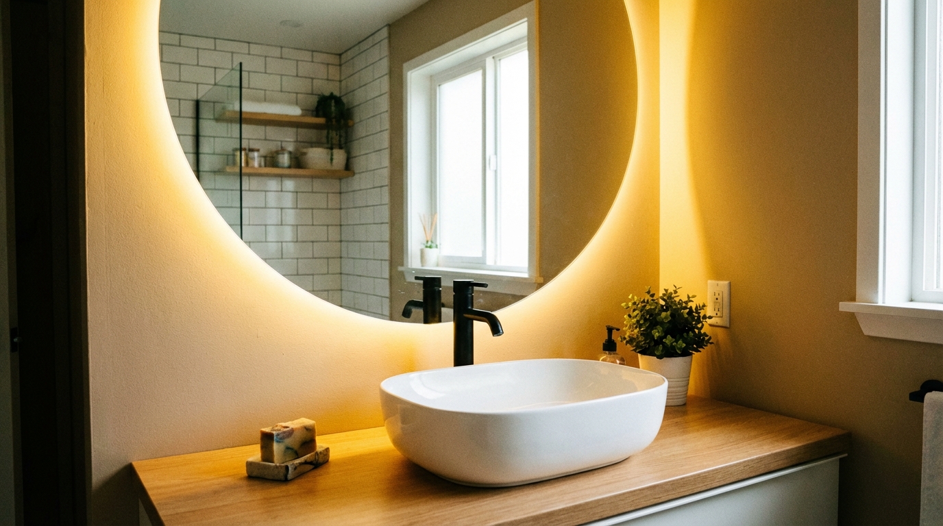 Zbliżenie na nowoczesną strefę umywalkową w małej łazience. Nad białą, minimalistyczną umywalką wisi duże, okrągłe lustro z podświetleniem LED. Ciepłe światło tworzy przytulną atmosferę, a odbicie w lustrze subtelnie pokazuje fragment jasnej, uporządkowanej przestrzeni.