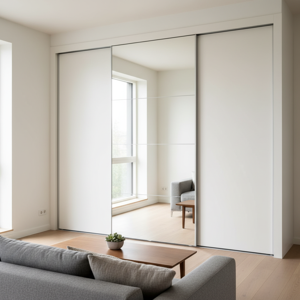 Fragment nowoczesnego salonu, gdzie duża, gładka tafla lustra bez ramy jest zamontowana na drzwiach szafy wnękowej. Lustro odbija światło z okna i przeciwległą, jasną ścianę, tworząc wrażenie znacznie większej przestrzeni. Drzwi szafy są w kolorze ściany, dzięki czemu mebel jest niemal niewidoczny.