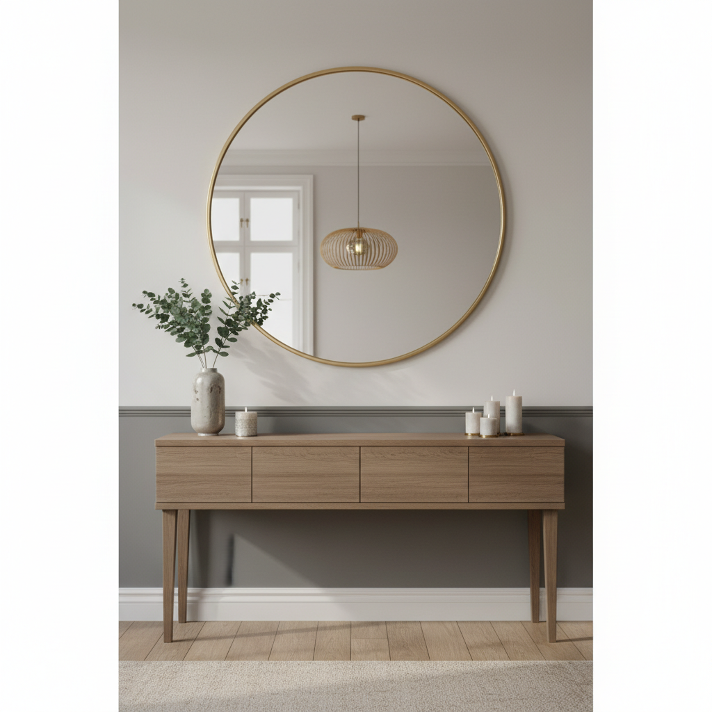 Elegancki salon, w którym nad stylową, drewnianą konsolą wisi duże, okrągłe lustro w cienkiej, złotej ramie. W lustrze odbija się fragment okna i wisząca naprzeciwko designerska lampa, co tworzy ciekawy efekt głębi i rozświetla ścianę. Na konsoli stoi wazon z gałązkami eukaliptusa i kilka ozdobnych świec.