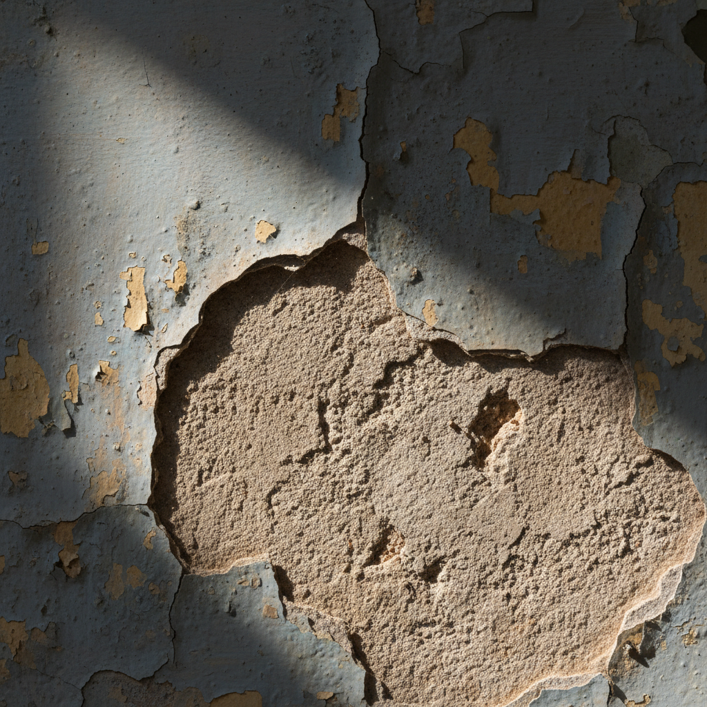 Dramatyczne, artystyczne zbliżenie na fragment ściany, gdzie stara, matowa farba łuszczy się i odchodzi płatami, odsłaniając surową strukturę tynku pod spodem. Ostre światło boczne podkreśla teksturę i kruchość odspajającej się warstwy.