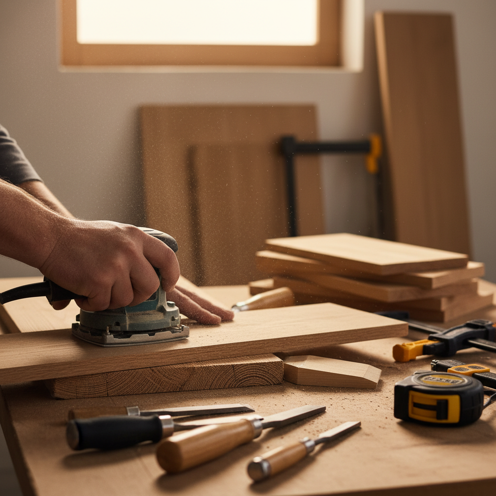 Zbliżenie na dłonie osoby, która starannie szlifuje krawędź drewnianej deski za pomocą szlifierki oscylacyjnej. W tle widać inne przygotowane elementy budy oraz narzędzia. Scena jest dobrze oświetlona, czysta i podkreśla rzemieślniczy charakter projektu DIY.