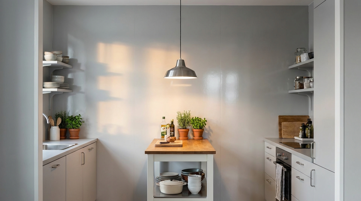 Stylowa, niewielka kuchnia, w której ściany pomalowane na jasnoszary kolor z satynowym wykończeniem pięknie odbijają światło z lampy wiszącej nad wyspą kuchenną. Efekt blasku optycznie powiększa przestrzeń, a na gładkiej ścianie widać subtelne refleksy świetlne.