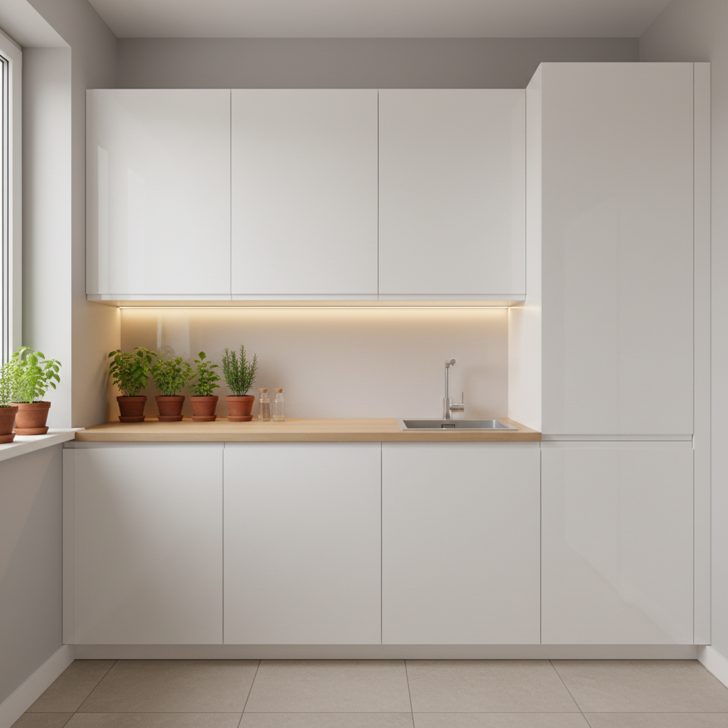 Nowoczesna, bardzo mała kuchnia, która dzięki zastosowaniu białych, błyszczących frontów szafek i jasnego, drewnianego blatu wydaje się większa. Zabudowa sięga aż do sufitu, a pod szafkami wiszącymi zamontowano oświetlenie LED, które doskonale oświetla przestrzeń roboczą. Na parapecie stoi doniczka ze świeżymi ziołami, dodając wnętrzu życia.