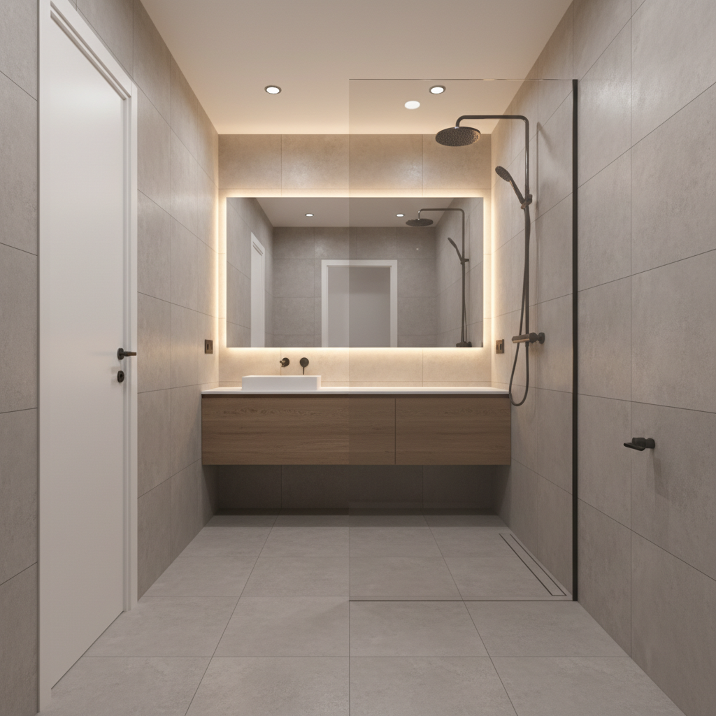 Fotorealistyczne ujęcie małej, ale bardzo jasnej i nowoczesnej łazienki. W centralnym punkcie znajduje się prysznic typu walk-in z dużą, szklaną ścianą, która optycznie powiększa przestrzeń. Na podłodze i ścianach widać duże, jasnoszare płytki imitujące beton. W tle widać minimalistyczną, podwieszaną umywalkę z drewnianym blatem i duże lustro bez ramy. Ciepłe, rozproszone światło LED podkreśla czystość i elegancję wnętrza.