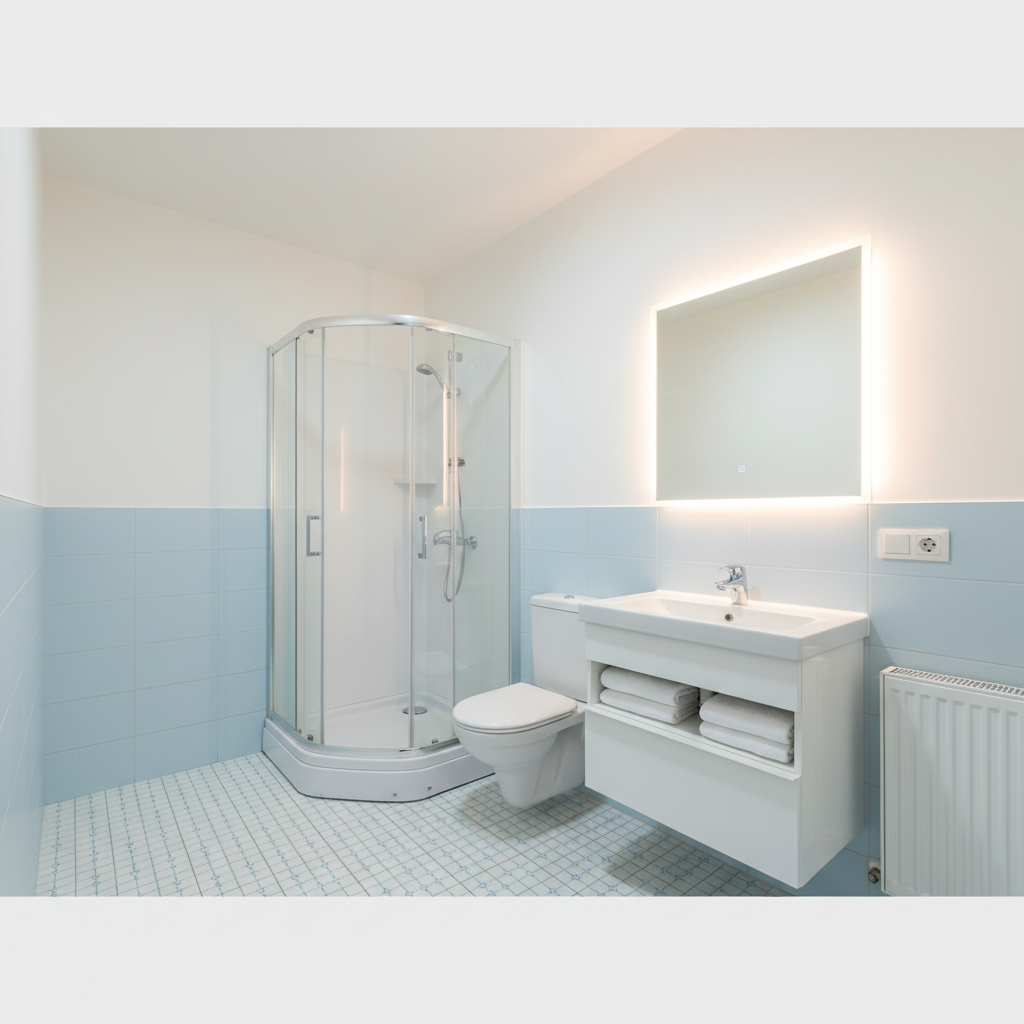 Niewielka, ale jasna i funkcjonalna łazienka w bloku. Ściany do połowy wysokości pomalowane są na jasny, pastelowy błękit, a górna część i sufit są śnieżnobiałe. Na podłodze położono białe płytki z delikatnym, niebieskim wzorem. W rogu stoi kompaktowa, biała kabina prysznicowa, a obok niej mała szafka z umywalką. Duże, bezramowe lustro dodatkowo powiększa przestrzeń.