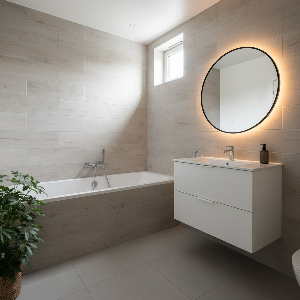 Nowoczesna, jasna i mała łazienka w bloku, urządzona w stylu skandynawskim. Centralnym punktem jest niewielka, ale stylowa wolnostojąca wanna przy ścianie wyłożonej płytkami imitującymi jasne drewno. Obok wanny stoi minimalistyczna szafka z białą umywalką nablatową. Duże, okrągłe lustro w czarnej ramie wisi nad umywalką, odbijając ciepłe światło LED. Podłoga pokryta jest dużymi, jasnoszarymi płytkami. W rogu widać fragment zielonej rośliny w doniczce, dodającej wnętrzu życia. Całość jest skąpana w naturalnym świetle wpadającym przez małe okno.