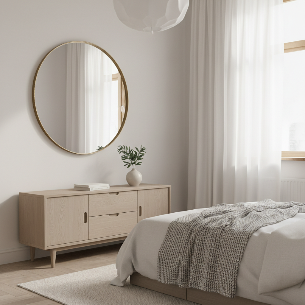 Elegancka, jasna, mała sypialnia w stylu skandynawskim z dużym, okrągłym lustrem w cienkiej, złotej ramie, wiszącym nad niską komodą. Lustro odbija miękkie światło wpadające przez okno z białymi, zwiewnymi zasłonami, tworząc wrażenie przestronności. Na komodzie stoi mały wazon z gałązką eukaliptusa. Paleta barw to biele, beże i delikatne szarości.