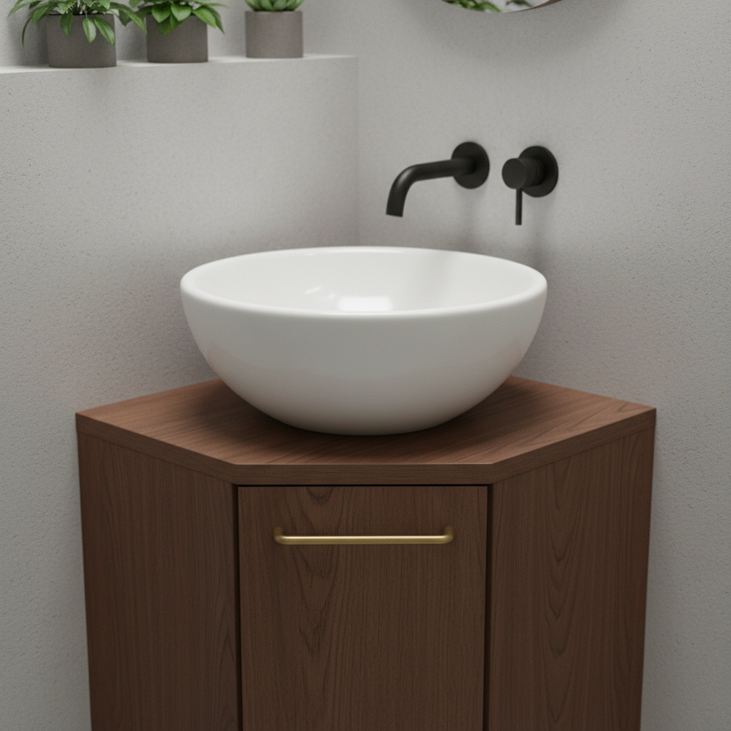 Zbliżenie na małą, ale elegancką umywalkę narożną lub nablatową o niewielkich rozmiarach, zamontowaną na stylowej, wąskiej szafce. W tle widać fragment minimalistycznej armatury łazienkowej.