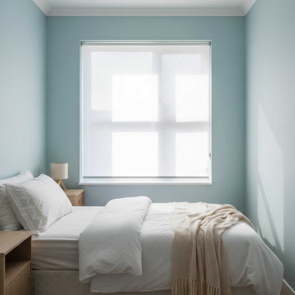 Przytulna, niewielka sypialnia z łóżkiem umieszczonym pod oknem. Ściany pomalowane na bardzo jasny, pastelowy odcień błękitu. Pościel jest w kolorze białym i bladobeżowym. Obok łóżka stoi prosta, drewniana szafka nocna z małą lampką. Pomieszczenie, mimo niewielkich rozmiarów, wydaje się jasne i przestronne. Przez okno, na którym wisi delikatna, biała roleta, wpada miękkie światło słoneczne.