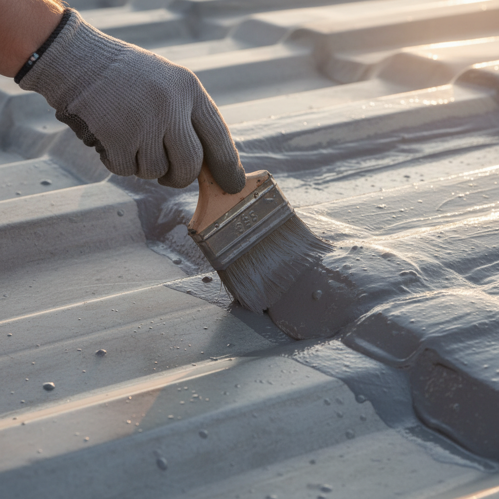 Zbliżenie dłoni w rękawicy roboczej, trzymającej pędzel i nakładającej grubą warstwę ciemnoszarej farby na metalowy dach. Widać wyraźną granicę między starą, matową powierzchnią a nową, lśniącą powłoką. Słońce delikatnie oświetla scenę, podkreślając teksturę farby.
