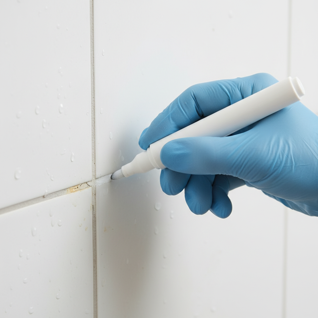 Zbliżenie na dłoń w gumowej rękawiczce, trzymającą specjalny marker do renowacji fug. Osoba precyzyjnie maluje starą, poszarzałą fugę między białymi płytkami w łazience, przywracając jej śnieżnobiały kolor. Widać wyraźny kontrast między odnowionym a starym fragmentem fugi, co pokazuje skuteczność metody.