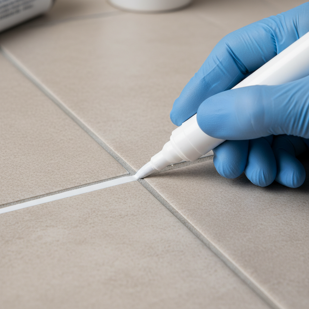 Precyzyjne ujęcie dłoni malującej fugę między płytkami za pomocą białego markera do fug. Widać wyraźną linię nowej, czystej bieli na tle starej, poszarzałej spoiny. Kadr skupia się na końcówce markera i transformacji fugi.