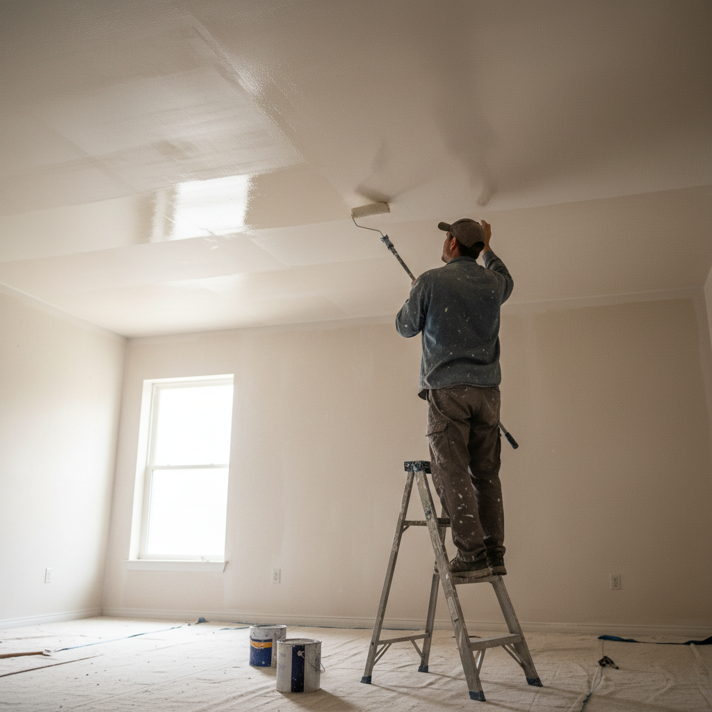 Ujęcie od dołu na osobę malującą sufit wałkiem na długim kiju. Osoba nakłada półprzezroczysty preparat gruntujący. Światło z okna subtelnie odbija się od wilgotnej, zagruntowanej powierzchni, pokazując kontrast z suchą, matową częścią sufitu. Kadr emanuje spokojem i skupieniem na pracy.