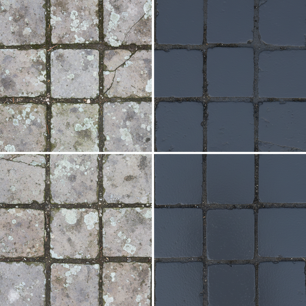 Zdjęcie podzielone na dwie części. Po lewej stronie widać fragment starej, wyblakłej i poplamionej kostki brukowej. Po prawej stronie ten sam fragment nawierzchni po renowacji – pomalowany specjalną farbą, o głębokim, nasyconym grafitowym kolorze, wyglądający jak nowy.