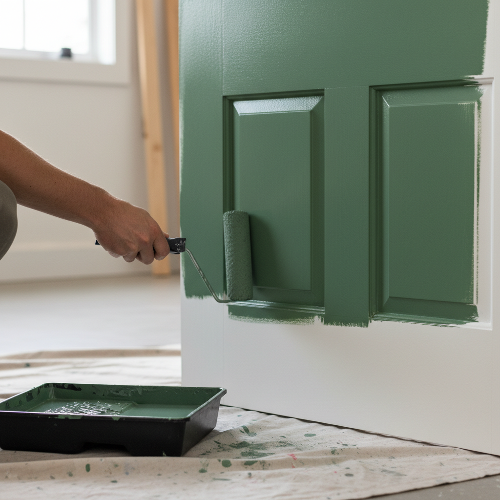 Proces malowania odnowionych drzwi wałkiem na świeży, elegancki kolor (np. szałwiowa zieleń lub głęboki granat). Widoczna gładka powierzchnia po wcześniejszych pracach.