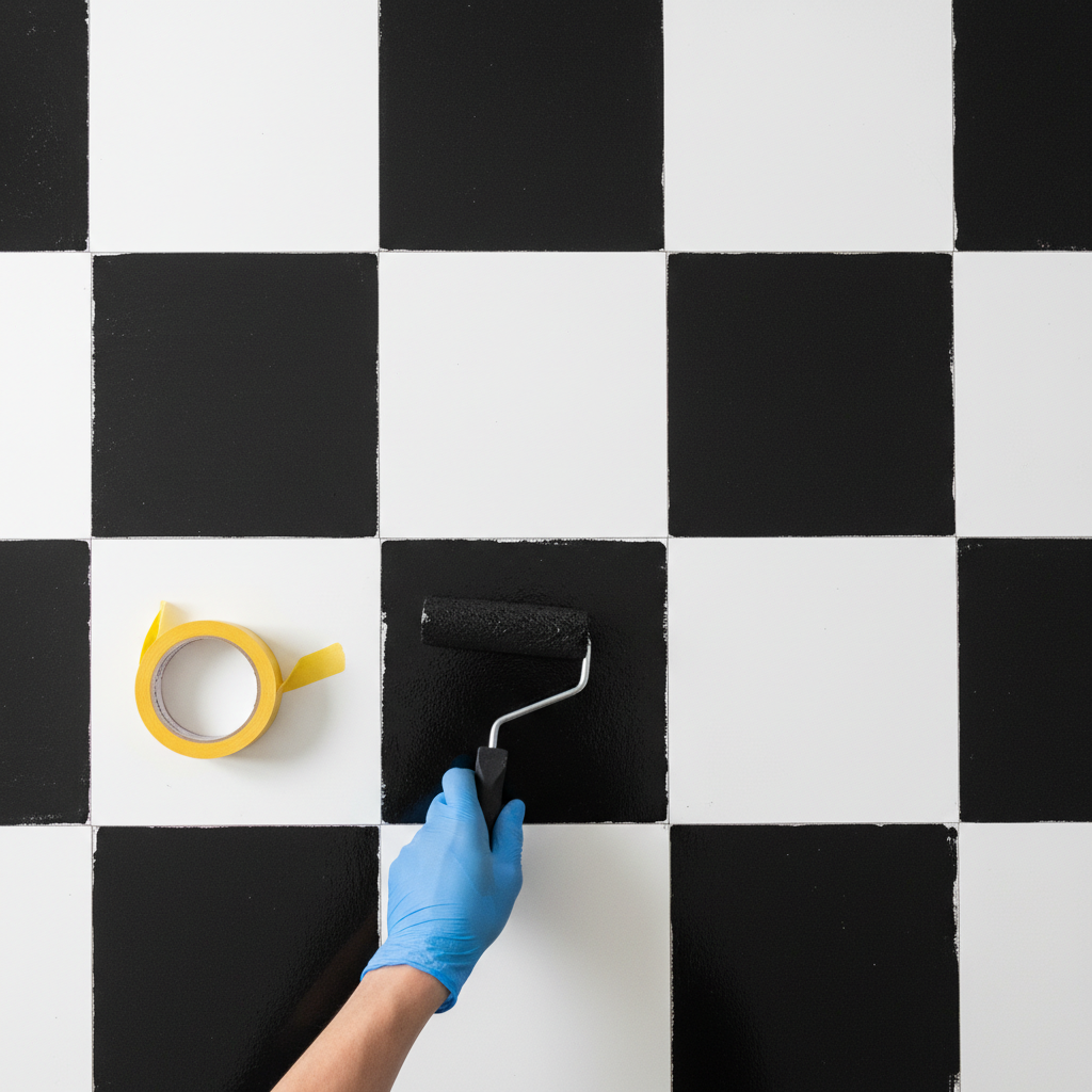 Ujęcie z góry na dłonie osoby w rękawiczkach, która za pomocą małego wałka maluje czarne kwadraty na białej podłodze, tworząc wzór szachownicy. Obok leży taśma malarska.