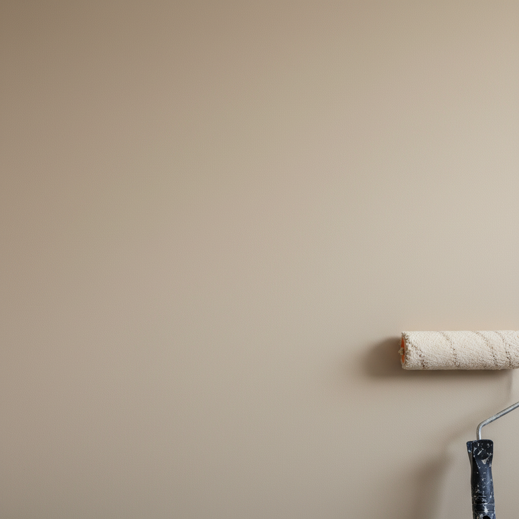 Estetyczne zbliżenie na idealnie gładką, świeżo pomalowaną ścianę w neutralnym, beżowym kolorze. Obok ściany, częściowo widoczny, opiera się profesjonalny wałek malarski. Delikatne, boczne światło podkreśla perfekcyjną fakturę powierzchni, symbolizując udany remont i finalny efekt.