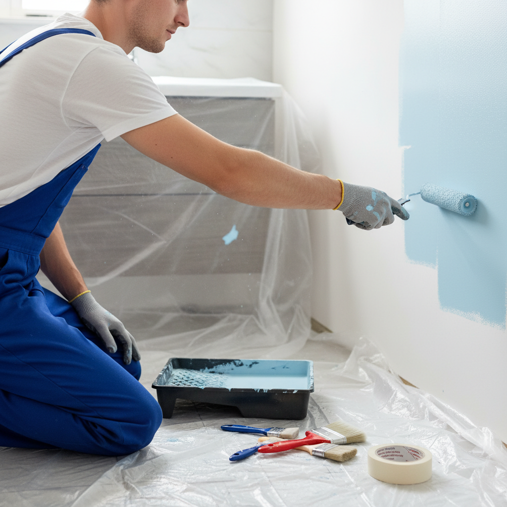 Osoba w roboczym ubraniu starannie maluje wałkiem ścianę w łazience na pastelowy, błękitny kolor. W tle widać przygotowane narzędzia malarskie: kuwetę, pędzle i folię ochronną. Kadr jest dynamiczny i skupiony na akcji, inspirując do działania.