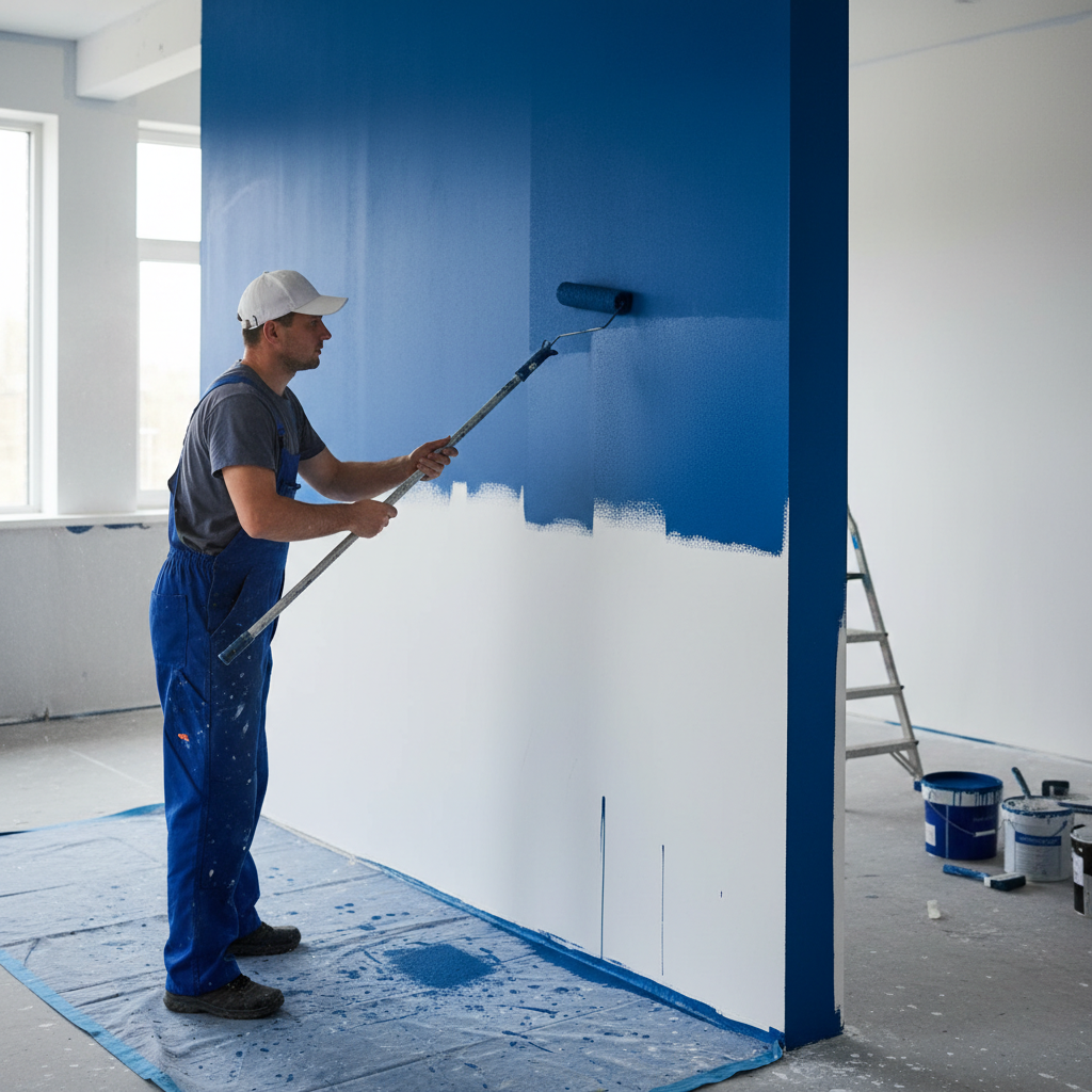 Osoba w ubraniu roboczym starannie maluje ścianę wałkiem na długim kiju, wykonując płynne, równe ruchy od góry do dołu. Ściana jest częściowo pomalowana na piękny, głęboki kolor, tworząc wyraźny kontrast z białym gruntem.