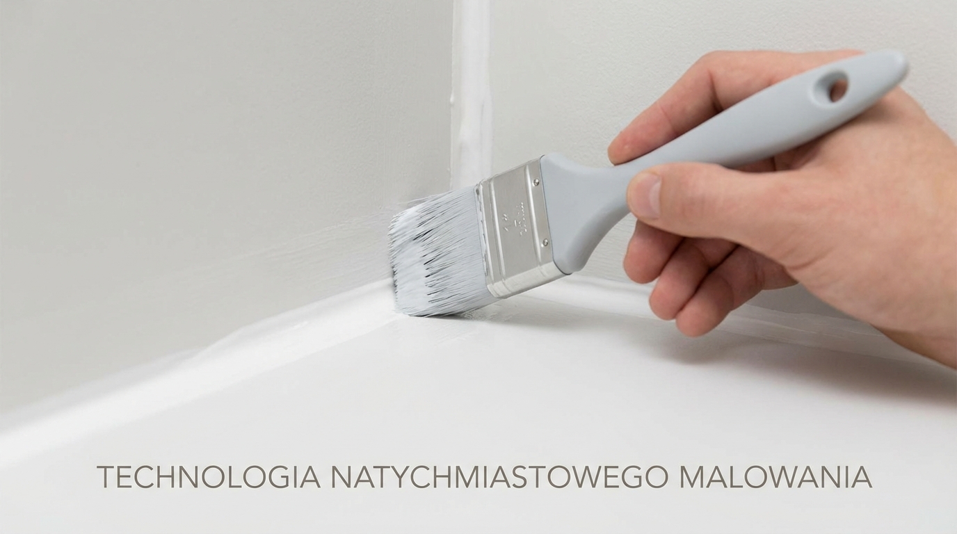 Estetyczne ujęcie pędzla z jasnoszarą farbą, który płynnie maluje ścianę wraz ze świeżo nałożoną fugą akrylową w narożniku. Widać perfekcyjne połączenie, bez żadnych pęknięć, co symbolizuje zalety technologii natychmiastowego malowania.
