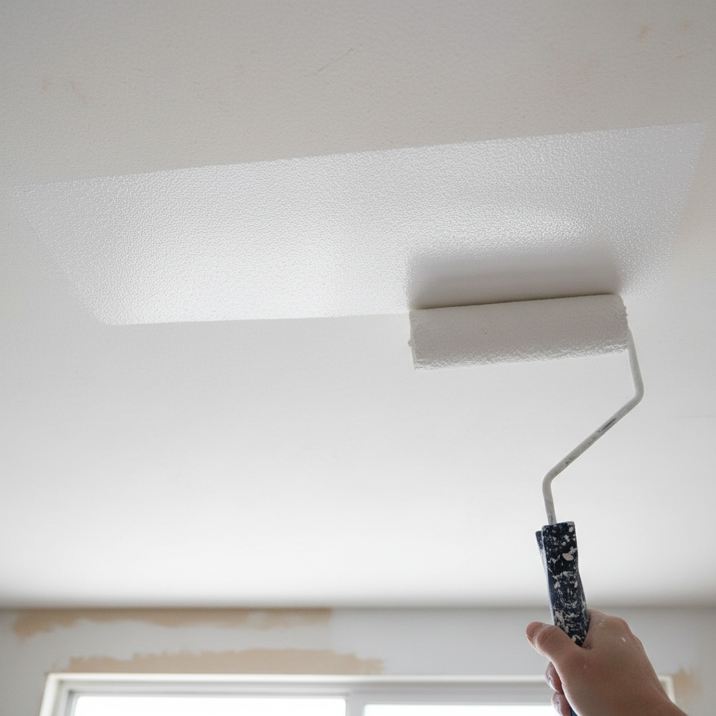 Ujęcie z perspektywy malarza, pokazujące wałek z białą farbą gładko przesuwający się po suficie. Farba idealnie pokrywa powierzchnię, nie kapie i pozostawia jednolitą, matową warstwę. Kadr skupia się na łatwości aplikacji i perfekcyjnym efekcie krycia.