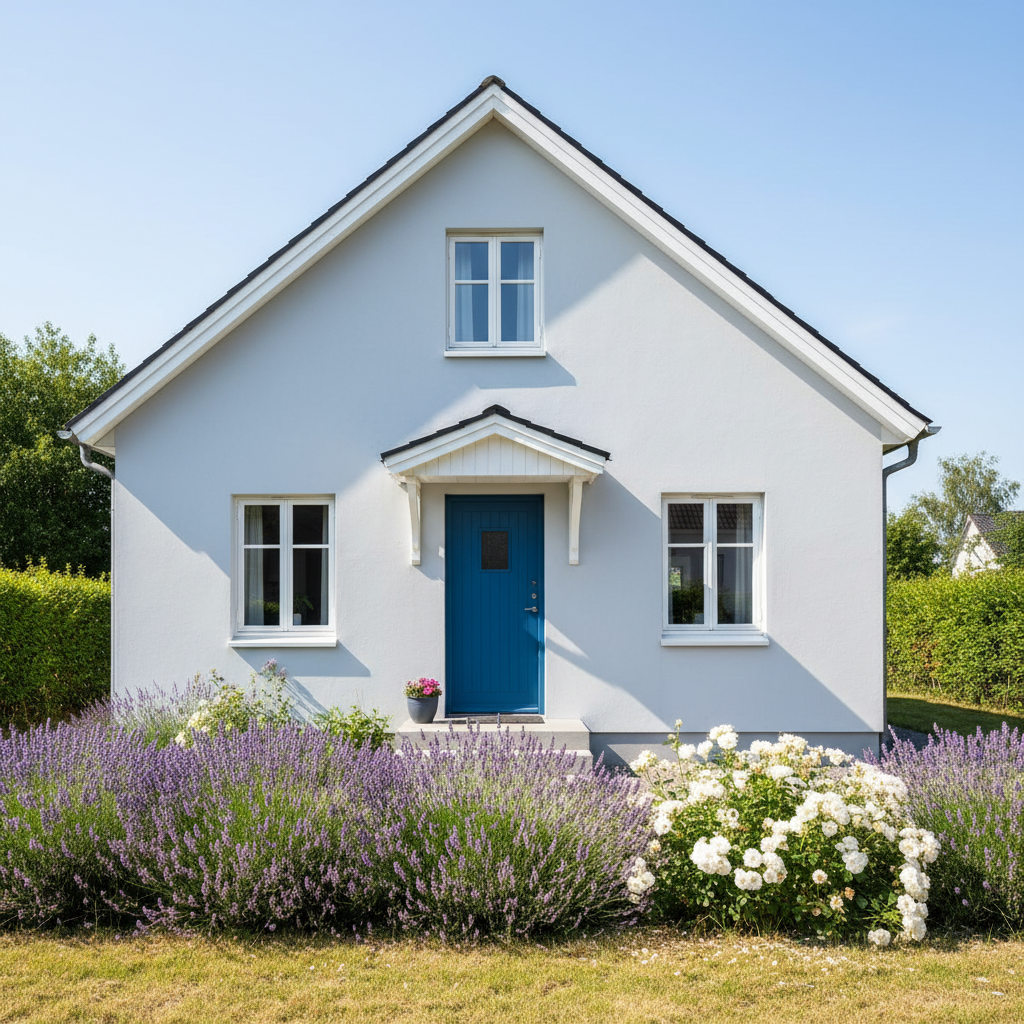 Uroczy, niewielki dom parterowy z poddaszem użytkowym, o prostej, zwartej bryle. Elewacja pomalowana na bardzo jasny, chłodny odcień szarości lub błękitu. Białe ramy okien i drzwi wejściowe w kontrastującym, ale stonowanym kolorze, np. granatowym. Przed domem kwitnący ogródek z lawendą i białymi różami. Słoneczny dzień, zdjęcie emanuje spokojem i harmonią.