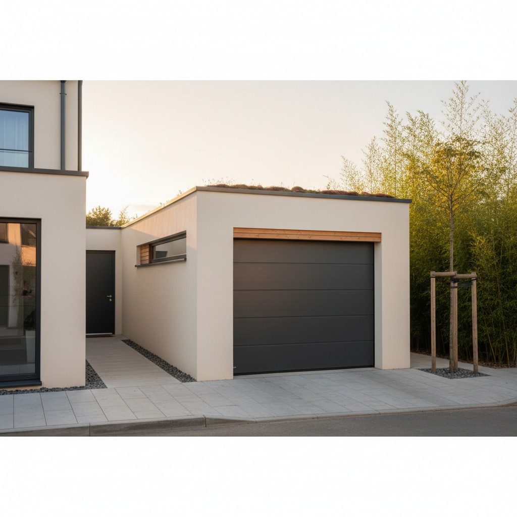 Niewielki, parterowy garaż o prostej bryle, idealnie wkomponowany w wąską działkę obok domu. Minimalistyczny design, jasna elewacja, podkreślający efektywne wykorzystanie przestrzeni.
