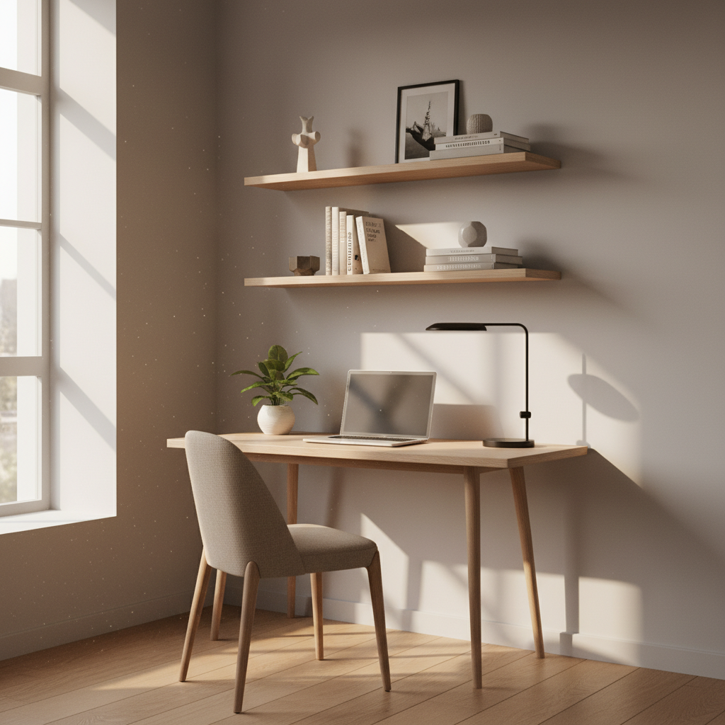 Przytulny, minimalistyczny kącik do pracy w narożniku salonu. Do jasnoszarej ściany przymocowane jest smukłe drewniane biurko. Na biurku stoi elegancki laptop, mała roślina w ceramicznej doniczce i designerska lampka. Nad biurkiem wiszą dwie półki z książkami i przedmiotami dekoracyjnymi. Popołudniowe słońce wpada przez pobliskie okno, tworząc ciepłą, produktywną atmosferę. Styl fotorealistyczny.